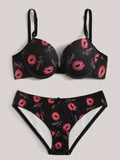 Conjunto de ropa interior con Brasier triangular y copa impresa de labios negros, ropa interior para mujer con alambre para senos pequenos y conjunto de Brasier y Tangas para nina