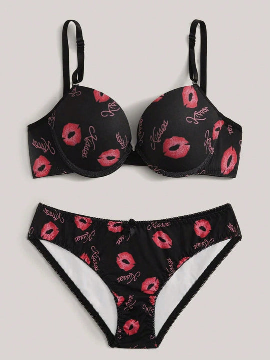 Conjunto de ropa interior con Brasier triangular y copa impresa de labios negros, ropa interior para mujer con alambre para senos pequenos y conjunto de Brasier y Tangas para nina