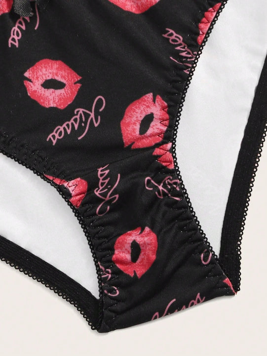 Conjunto de ropa interior con Brasier triangular y copa impresa de labios negros, ropa interior para mujer con alambre para senos pequenos y conjunto de Brasier y Tangas para nina