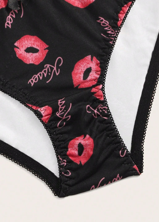 Conjunto de ropa interior con Brasier triangular y copa impresa de labios negros, ropa interior para mujer con alambre para senos pequenos y conjunto de Brasier y Tangas para nina