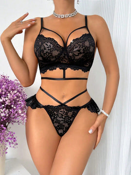 Conjunto de lenceria sexy para mujer de encaje (sosten inalambrico + tanga), 2 piezas