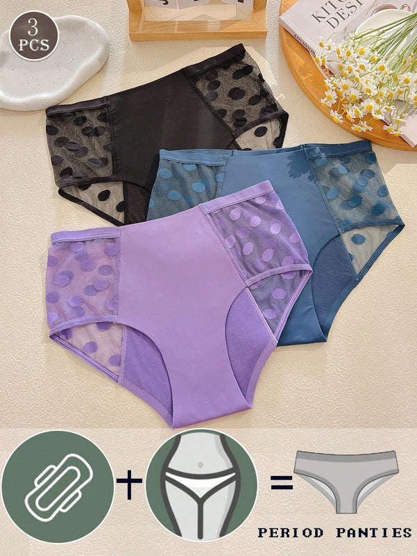 FINETOO 3 piezas Bragas de malla de parche de encaje engrosado para mujeres con estampado de lunares