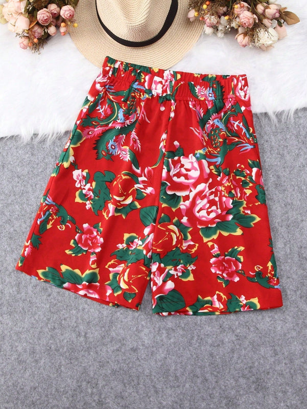 LUNE Shorts casuales con estampado floral y cintura elastica para mujer para vacaciones