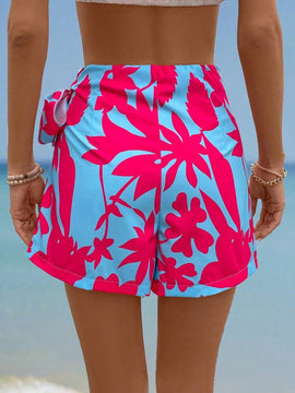 EMERY ROSE Mujeres de vacaciones Estampado de plantas Skort holgado de pierna ancha con lazo en la cintura