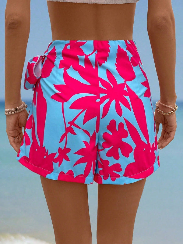 EMERY ROSE Mujeres de vacaciones Estampado de plantas Skort holgado de pierna ancha con lazo en la cintura