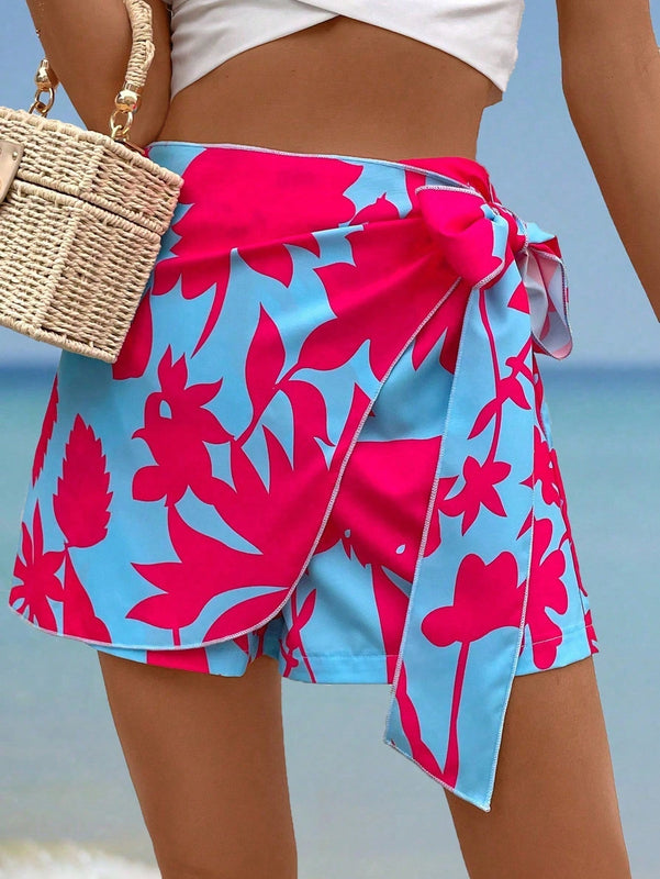 EMERY ROSE Mujeres de vacaciones Estampado de plantas Skort holgado de pierna ancha con lazo en la cintura