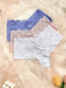 Braguitas romanticas de encaje para mujer, conjunto de 3 piezas con cintura alta