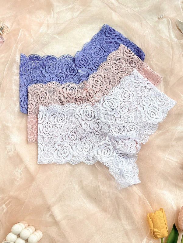 Braguitas romanticas de encaje para mujer, conjunto de 3 piezas con cintura alta