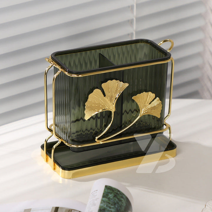 Soporte creativo para utensilios de cocina rectangular con bandeja de drenaje y diseño de hoja de ginkgo, organizador de cubiertos de doble compartimento, estante de soporte, material plástico