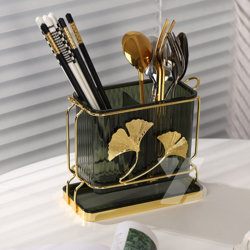 Soporte creativo para utensilios de cocina rectangular con bandeja de drenaje y diseño de hoja de ginkgo, organizador de cubiertos de doble compartimento, estante de soporte, material plástico