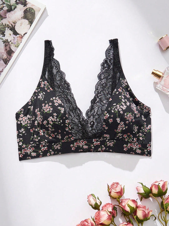 Sujetador Frances Bralette Sin Relleno Con Estampado Floral Y Encaje