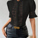 Prive Camisa de manga burbuja con parche de encaje y unicolor para verano