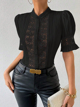 Prive Camisa de manga burbuja con parche de encaje y unicolor para verano