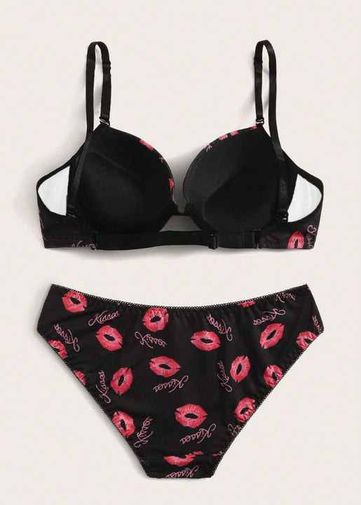 Conjunto de ropa interior con Brasier triangular y copa impresa de labios negros, ropa interior para mujer con alambre para senos pequenos y conjunto de Brasier y Tangas para nina