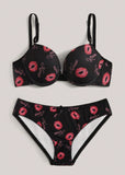 Conjunto de ropa interior con Brasier triangular y copa impresa de labios negros, ropa interior para mujer con alambre para senos pequenos y conjunto de Brasier y Tangas para nina