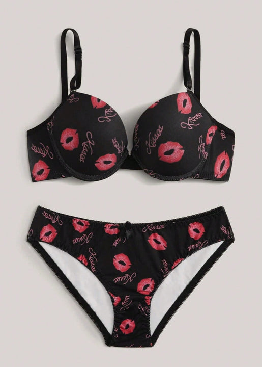 Conjunto de ropa interior con Brasier triangular y copa impresa de labios negros, ropa interior para mujer con alambre para senos pequenos y conjunto de Brasier y Tangas para nina
