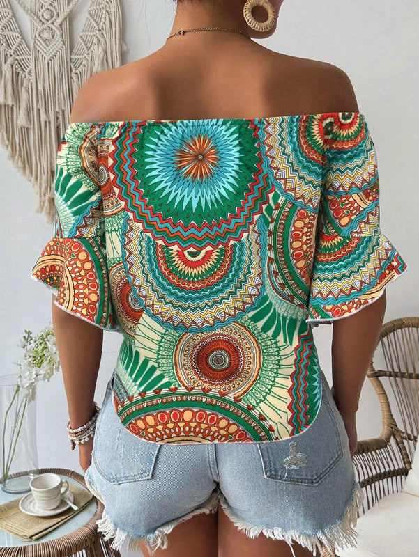 Camisa de estilo hawaiano de mujer con estampado y corte bandeau con hombros descubiertos para vacaciones de verano