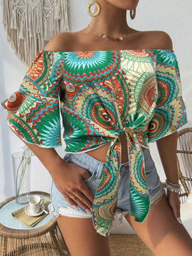 Camisa de estilo hawaiano de mujer con estampado y corte bandeau con hombros descubiertos para vacaciones de verano