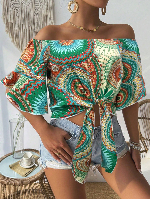 Camisa de estilo hawaiano de mujer con estampado y corte bandeau con hombros descubiertos para vacaciones de verano