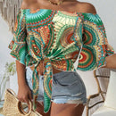 Camisa de estilo hawaiano de mujer con estampado y corte bandeau con hombros descubiertos para vacaciones de verano