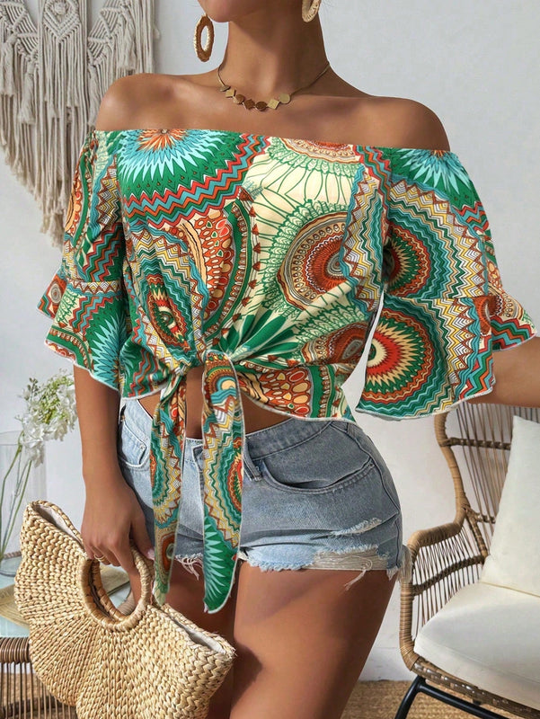 Camisa de estilo hawaiano de mujer con estampado y corte bandeau con hombros descubiertos para vacaciones de verano