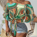 Camisa de estilo hawaiano de mujer con estampado y corte bandeau con hombros descubiertos para vacaciones de verano