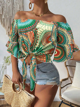 Camisa de estilo hawaiano de mujer con estampado y corte bandeau con hombros descubiertos para vacaciones de verano