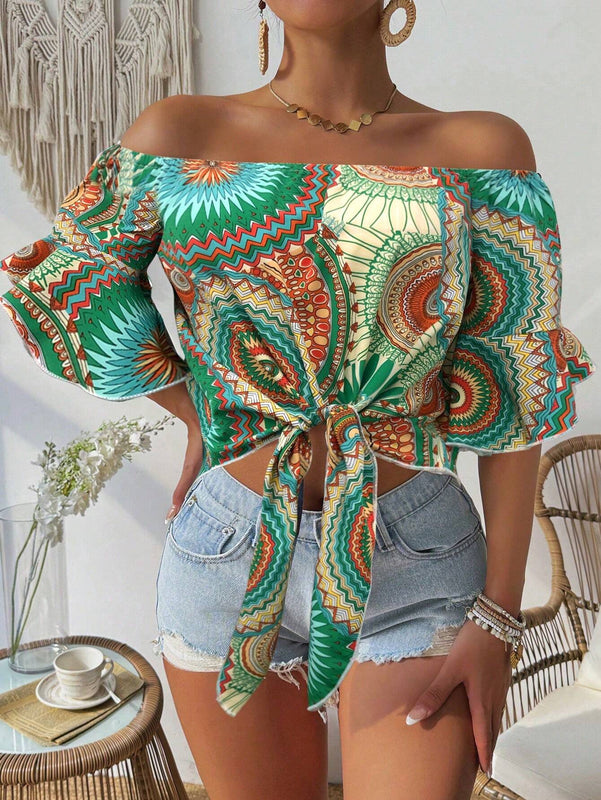 Camisa de estilo hawaiano de mujer con estampado y corte bandeau con hombros descubiertos para vacaciones de verano