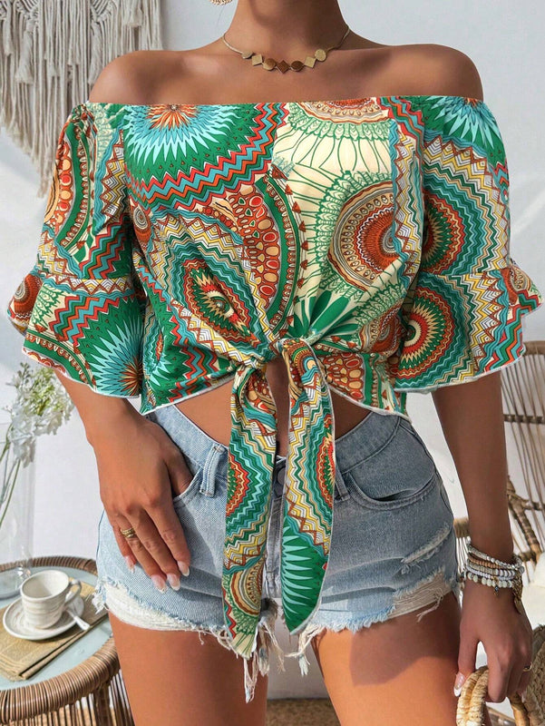 Camisa de estilo hawaiano de mujer con estampado y corte bandeau con hombros descubiertos para vacaciones de verano