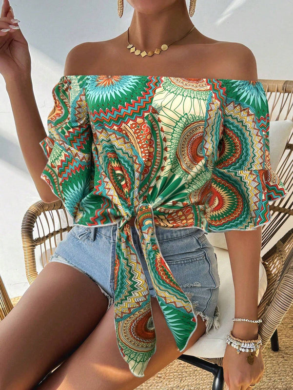 Camisa de estilo hawaiano de mujer con estampado y corte bandeau con hombros descubiertos para vacaciones de verano