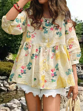 Essnce Camisa Estampada Floral De Mangas Largas Con Dobladillo De Volantes Para Mujer