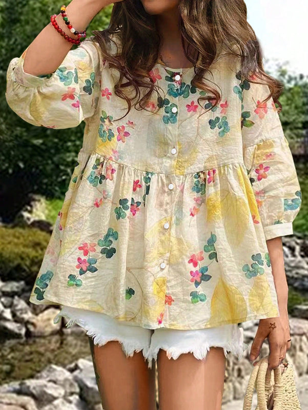 Essnce Camisa Estampada Floral De Mangas Largas Con Dobladillo De Volantes Para Mujer