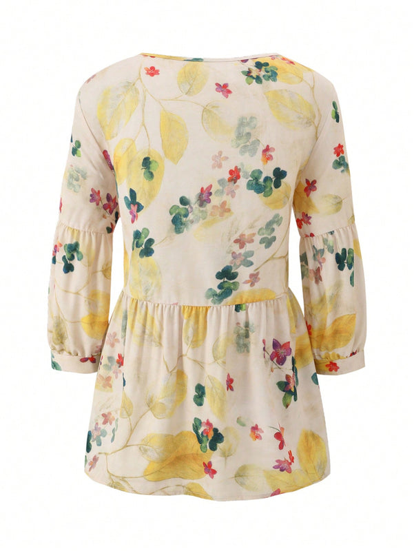 Essnce Camisa Estampada Floral De Mangas Largas Con Dobladillo De Volantes Para Mujer