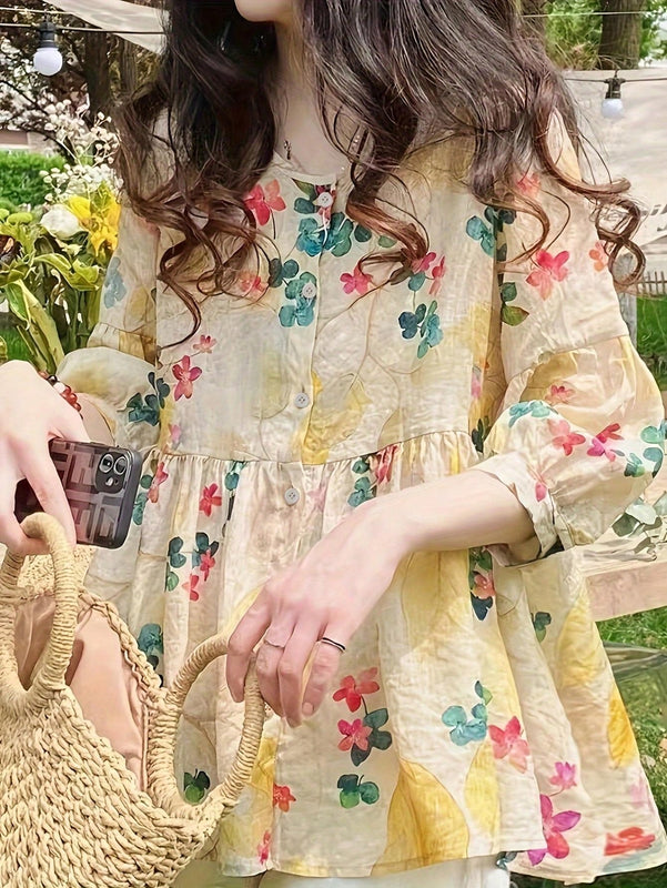 Essnce Camisa Estampada Floral De Mangas Largas Con Dobladillo De Volantes Para Mujer