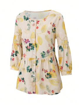 Essnce Camisa Estampada Floral De Mangas Largas Con Dobladillo De Volantes Para Mujer