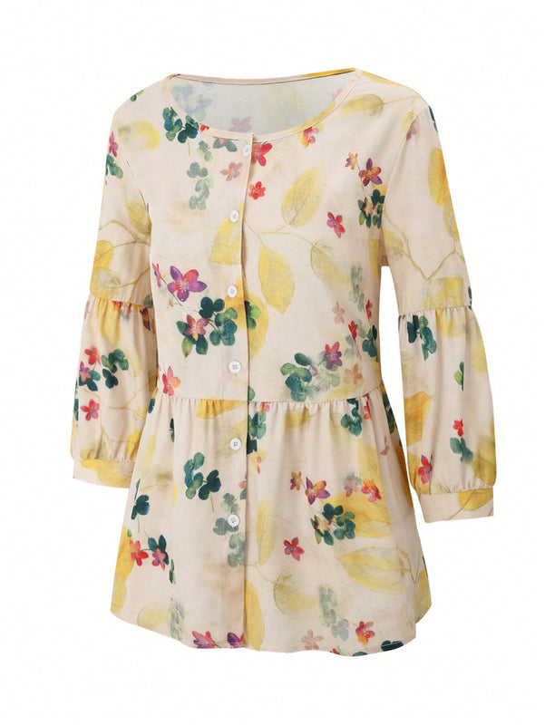 Essnce Camisa Estampada Floral De Mangas Largas Con Dobladillo De Volantes Para Mujer