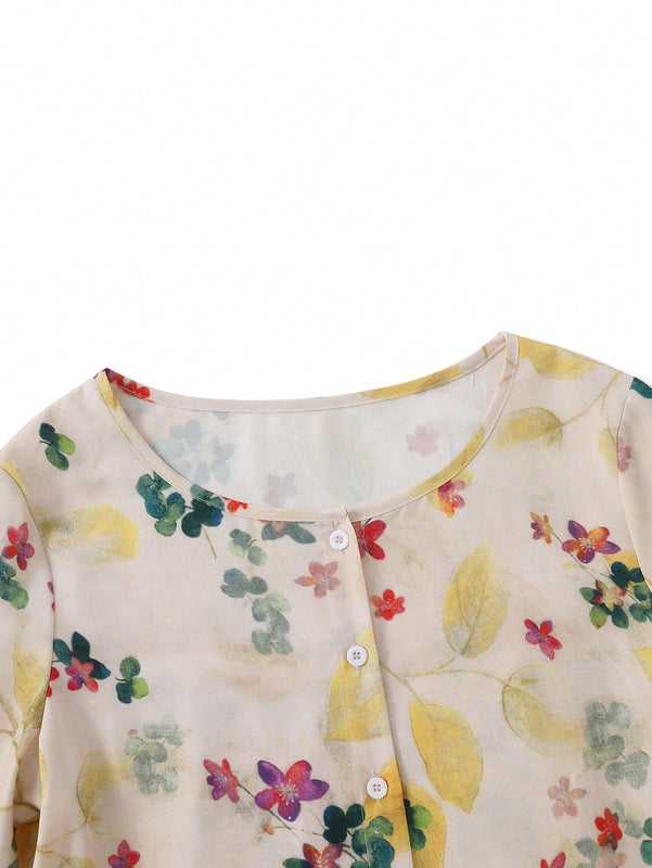 Essnce Camisa Estampada Floral De Mangas Largas Con Dobladillo De Volantes Para Mujer