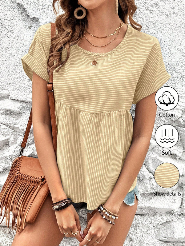 NEW  LUNE Camiseta de muneca suelta de manga corta con alas de murcielago con cuello redondo y estampado de rayas para mujeres, verano