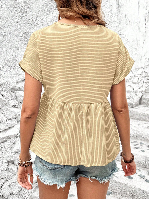 NEW  LUNE Camiseta de muneca suelta de manga corta con alas de murcielago con cuello redondo y estampado de rayas para mujeres, verano