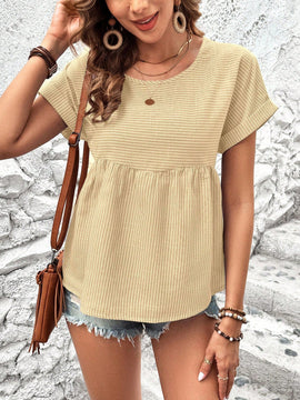 NEW  LUNE Camiseta de muneca suelta de manga corta con alas de murcielago con cuello redondo y estampado de rayas para mujeres, verano