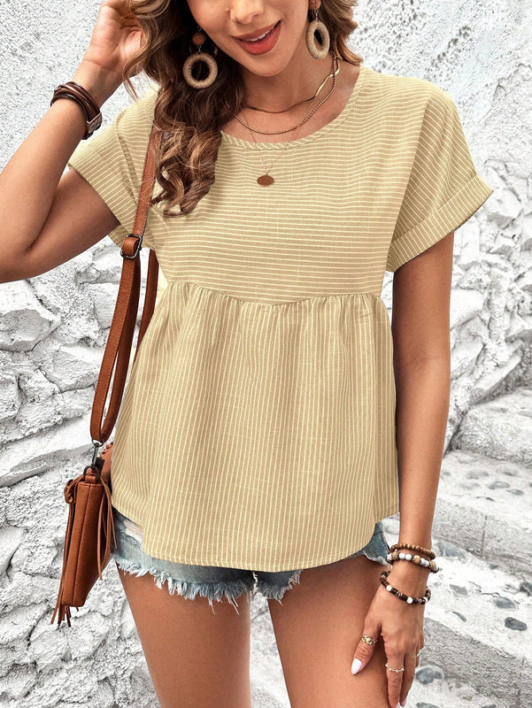 NEW  LUNE Camiseta de muneca suelta de manga corta con alas de murcielago con cuello redondo y estampado de rayas para mujeres, verano