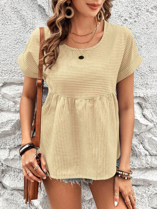 NEW  LUNE Camiseta de muneca suelta de manga corta con alas de murcielago con cuello redondo y estampado de rayas para mujeres, verano