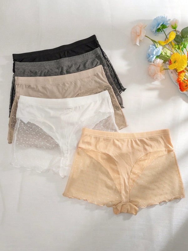 Calzoncillos de malla tenida en pasador de jacquard de corazon de moda para mujer con empalme de malla (paquete de 5)