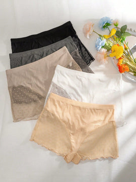 Calzoncillos de malla tenida en pasador de jacquard de corazon de moda para mujer con empalme de malla (paquete de 5)