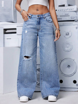 EZwear Jeans casuales de pierna ancha y ajuste holgado para mujer con diseno de bolsillo desgastado