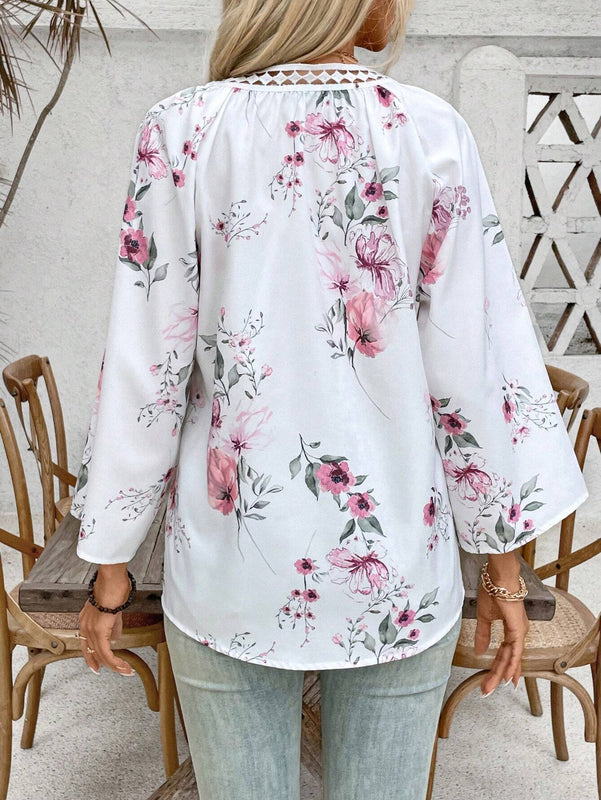 Blusa suelta floral con cuello de lazo para mujer de primavera/verano