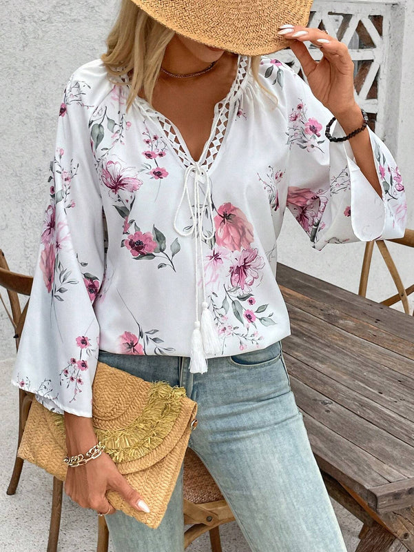 Blusa suelta floral con cuello de lazo para mujer de primavera/verano
