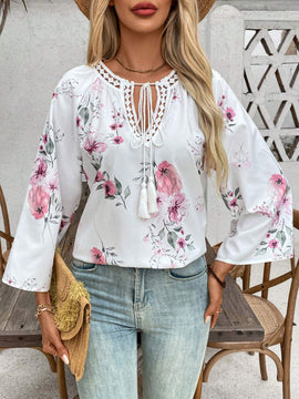 Blusa suelta floral con cuello de lazo para mujer de primavera/verano