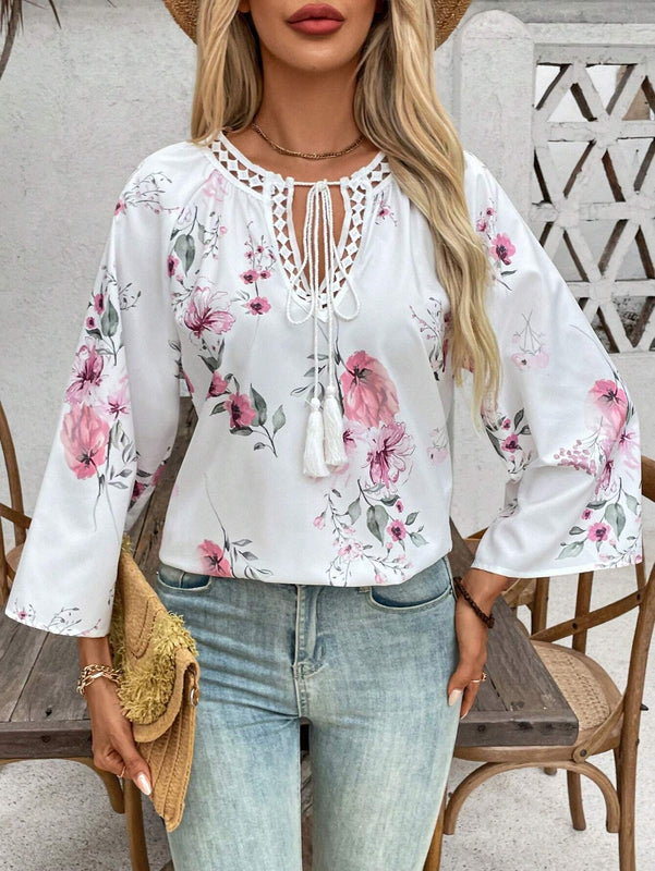 Blusa suelta floral con cuello de lazo para mujer de primavera/verano