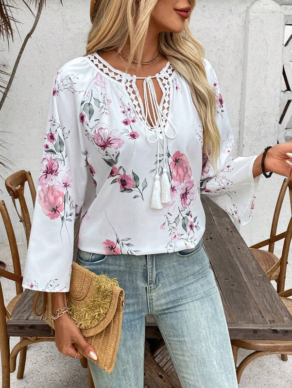 Blusa suelta floral con cuello de lazo para mujer de primavera/verano